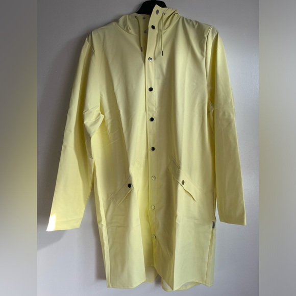 NWT RAINS Unisex Long Waterproof Jacket Full Snap Hood Pockets Sizes S,M, L. - Picture 4 of 10